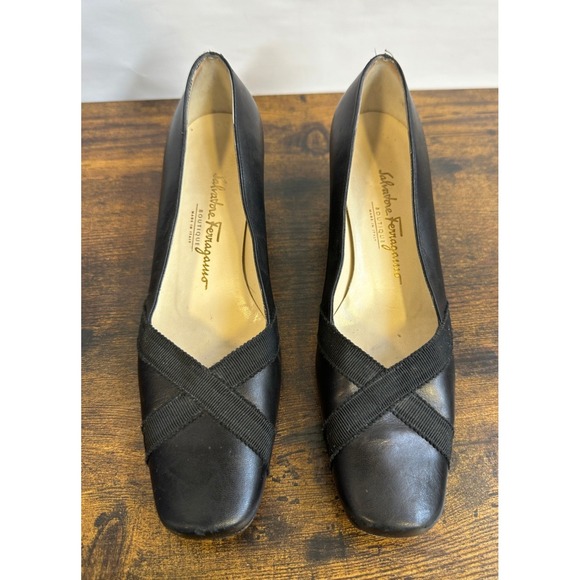 Salvatore Ferragamo Shoes - Salvatore Ferragamo Boutique Black Leather Square Toe Block Heel Pumps 6 B Italy